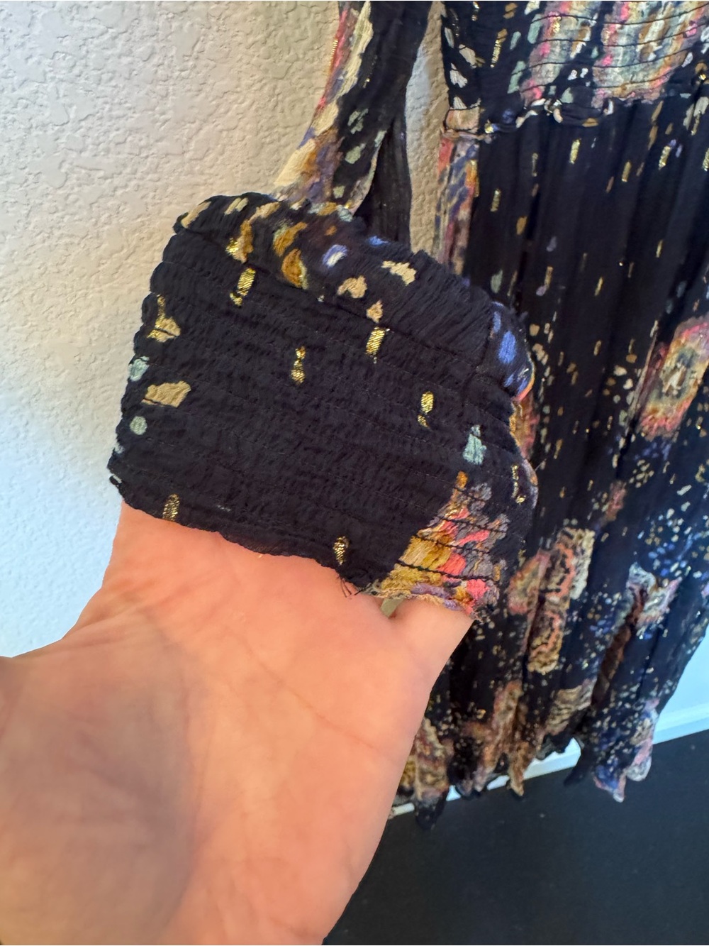 Anthropologie Small Boho Floral Sheer Sleeve Midi Dress Navy with pockets :) - Picture 13 of 15